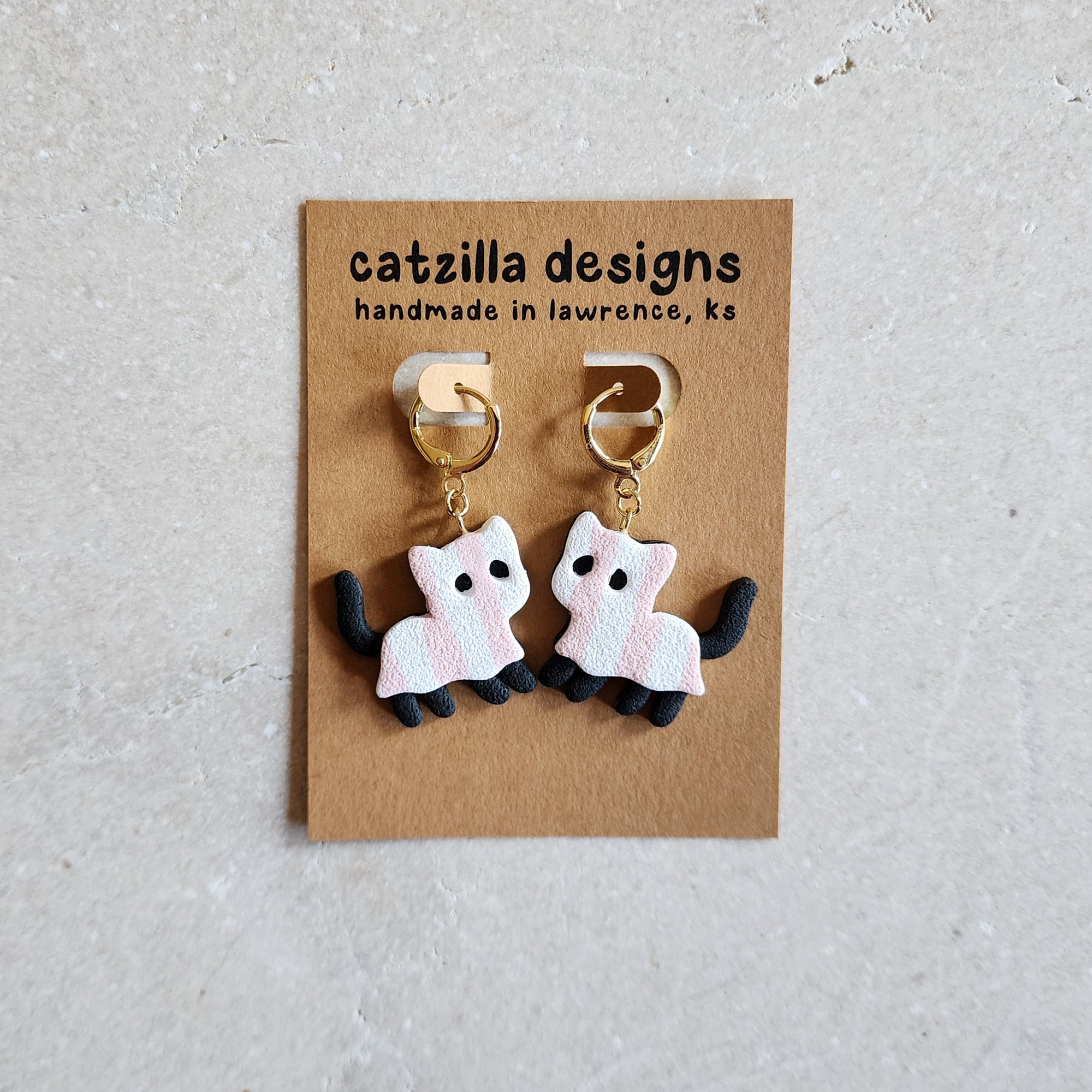 pink striped ghost cat Dangle Earrings